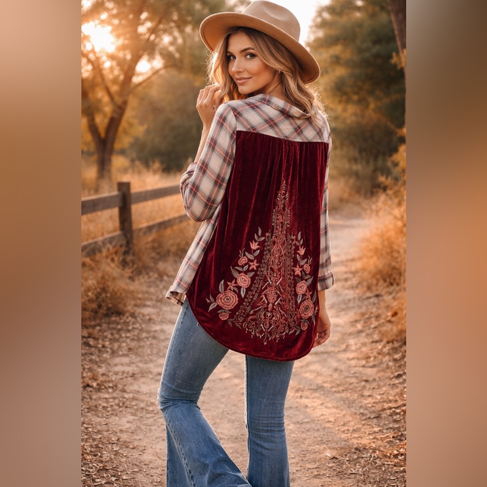 Kyla Seo Aileen Red Plaid Velvet Embroidered Back Boho Festival Top Small